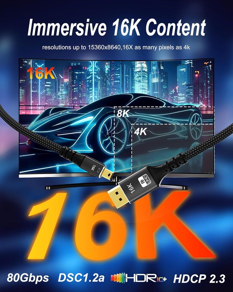 DGHUMEN 16K Mini DisplayPort to DisplayPort Cable, Bi-Directional Mini DP to DP 2.1 Cable 16K@60Hz, 8K@120Hz, 4K@240Hz, 80Gbps HD [Thunderbolt 2 Compatible] Aluminum Shell, for Laptop, MacBook, Monitor,6.6FT - Image 4